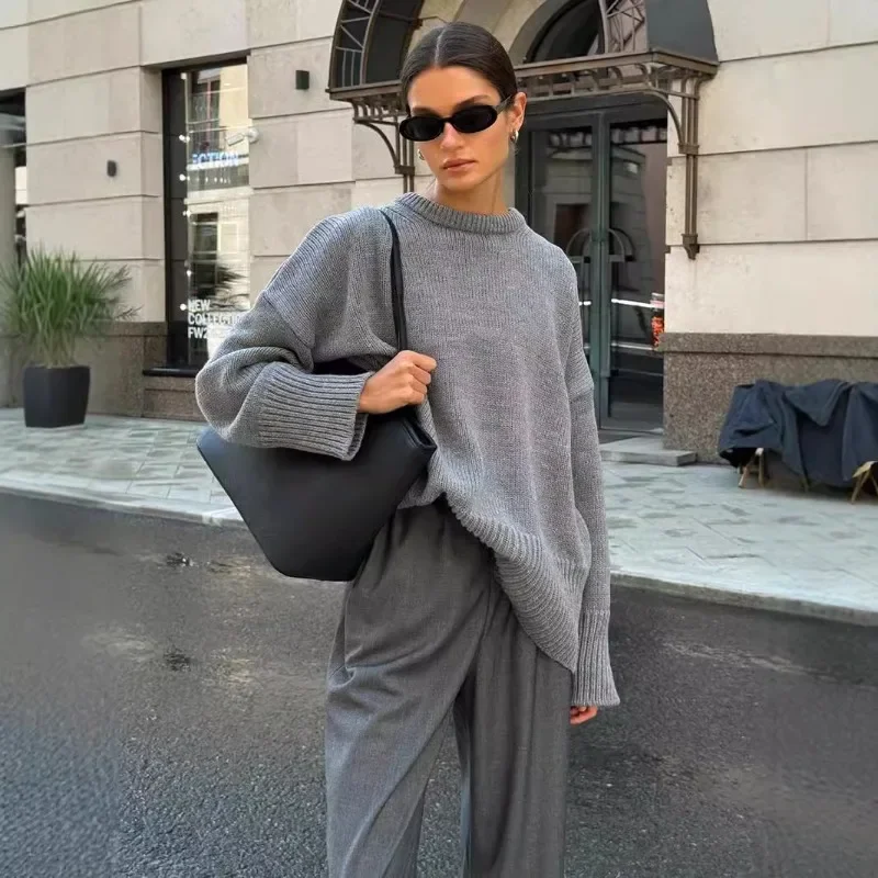 

2024 autumn and winter new crew neck sweater, solid color versatile casual pullover knitted sweater