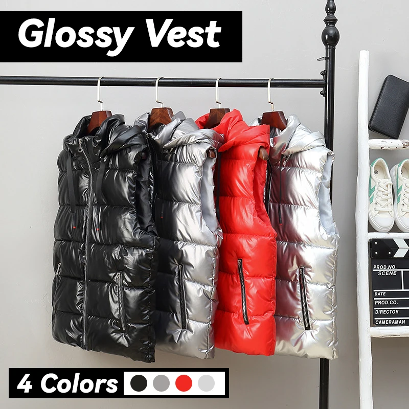 

Women Winter Warm Hooded Glossy Sleeveless Parkas Casual Waterproof Lightweight Vests Quilted Padded Jacekts Wasitcoats