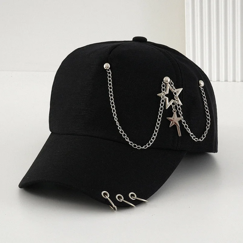 Popular Black Chain Baseball Cap for Men and Women, with Looped Chain and Star Pendant, punk Trendy Hip-Hop Style