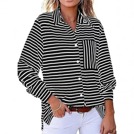 

2025spring and summer European and American women's clothing new fashion cardigan striped POLO neck long-sleeved top shirt women