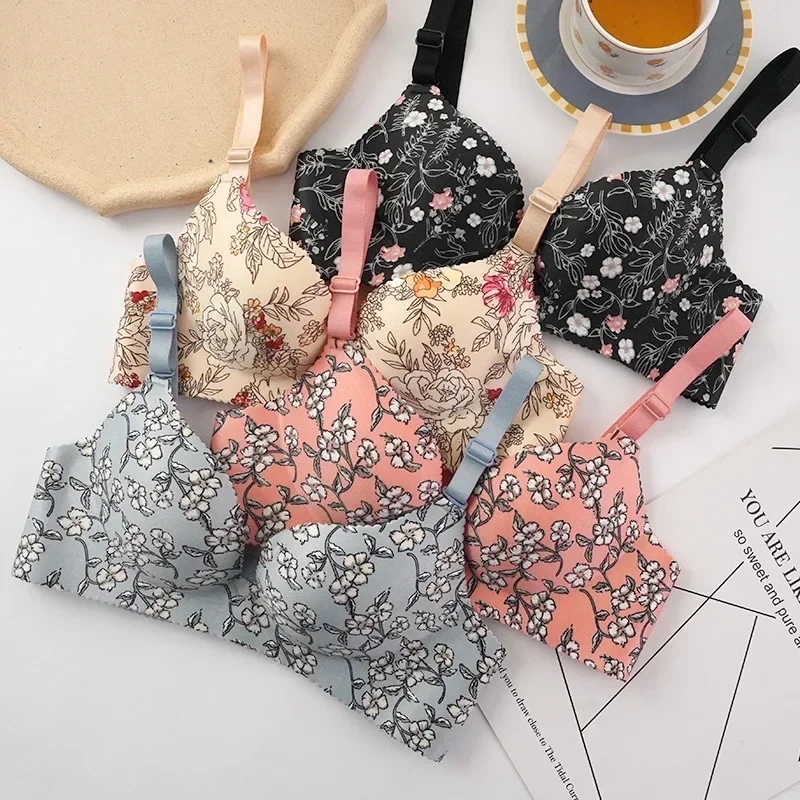 Sexy Lingerie Flower Print Gathered Bras Women Floral Push Up Seamless Bra Underwear