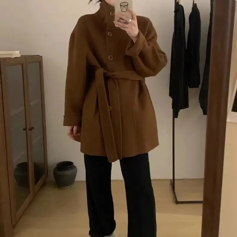 معطف شتوي نسائي طويل من الصوف Sve بحزام خصر وربطة عنق وزر واحد متعدد الاستخدامات مقاس صغير ملابس خارجية Faion #4