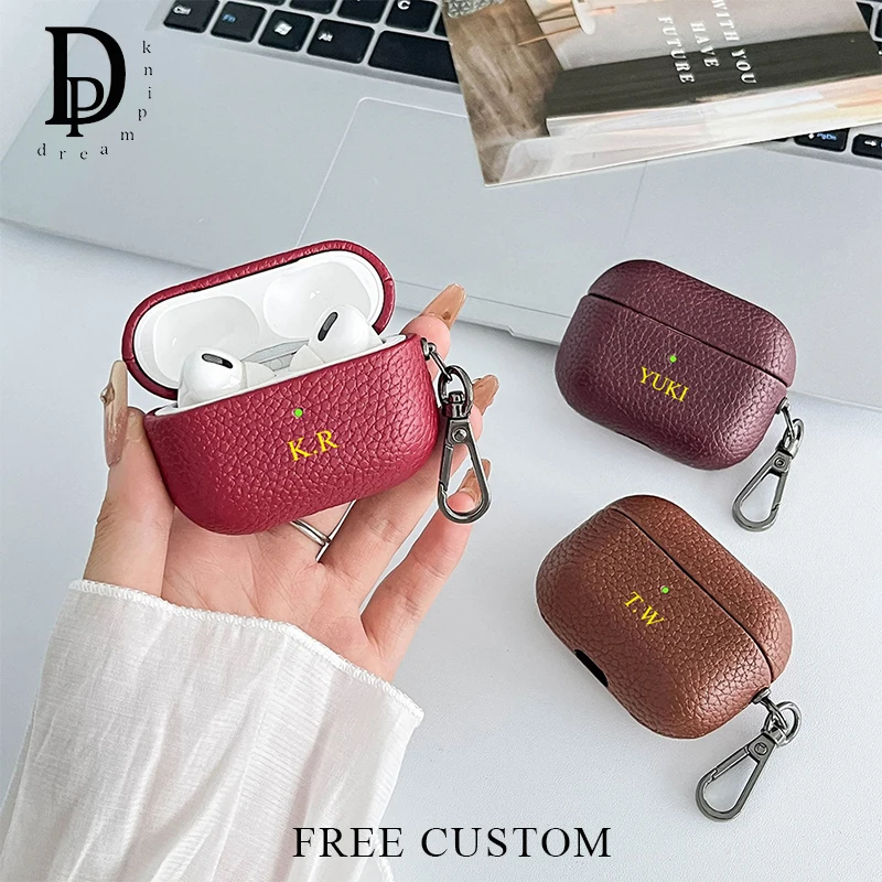Custom Initials PU Leather Earphone Case Engrave Name Cute EarPhonE Bag Fashion Luxury Personalized Earphone Pouch Creative Gift