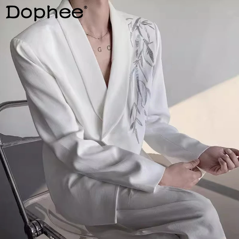 

Fashion Bamboo Leaf Embroidered Blazers Men 2025 Autumn New Suit Jackets Gentleman Long Sleeve Stylish Handsome Tailored Coats
