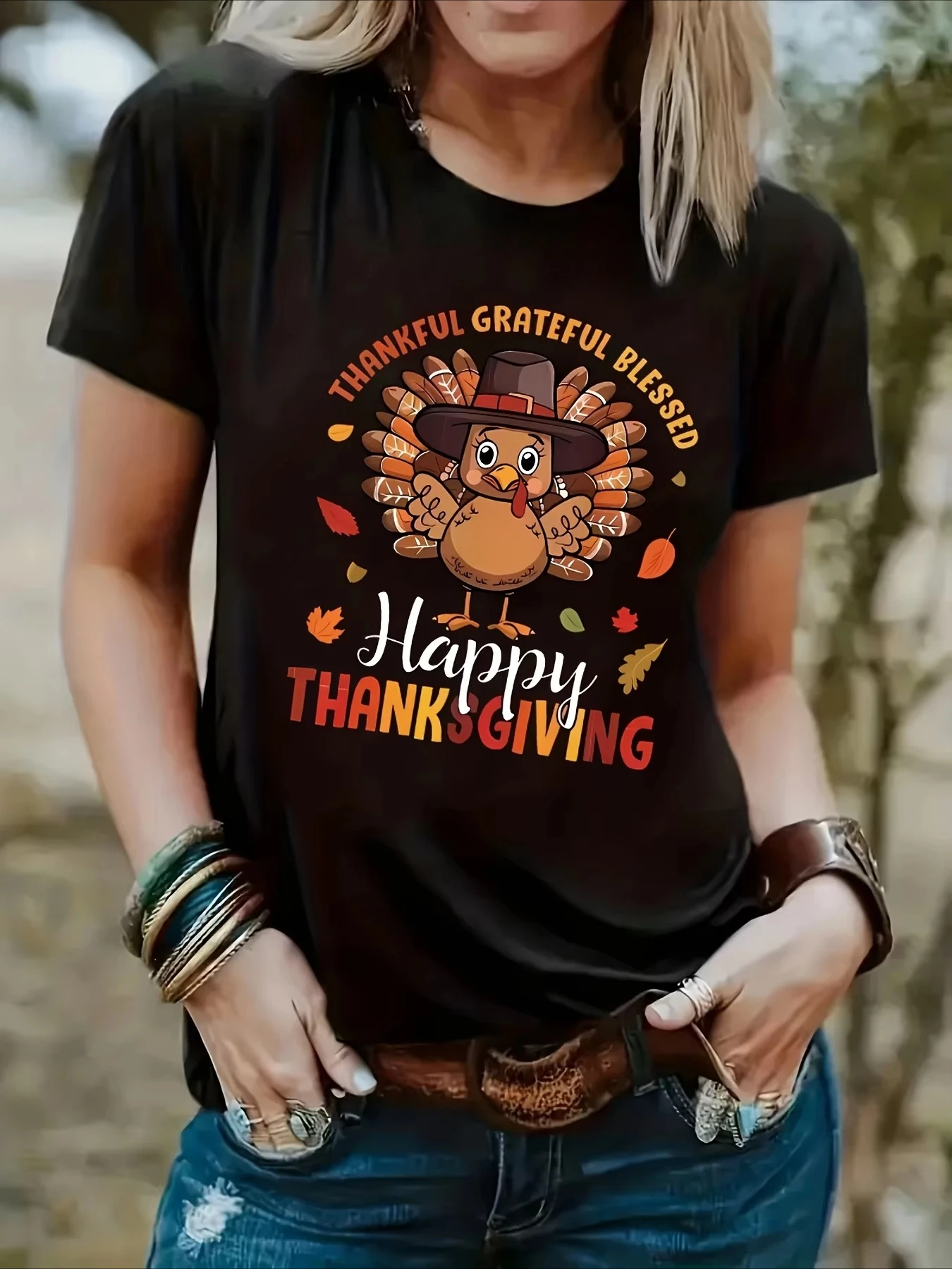 Thanksgiving Turkey Graphic Print T-Shirt for Women Casua Comfort O-Neck Alphabet Pattern Design Casual Thanksgiving & Fall Tops