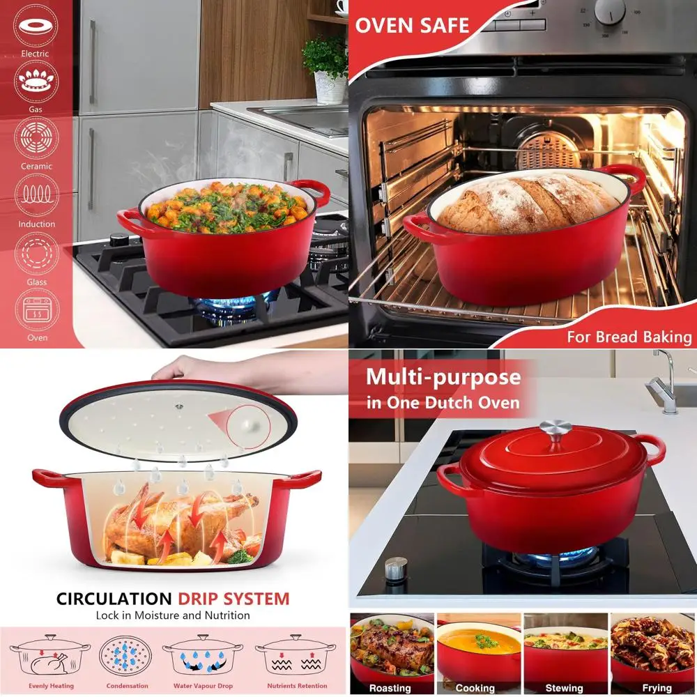 

Enameled Cast Iron Dutch Oven - 7QT Red, Non-Stick, Oven Safe, Easy Clean, Perfect for Baking Bread, Braising, Stewing, Roasting