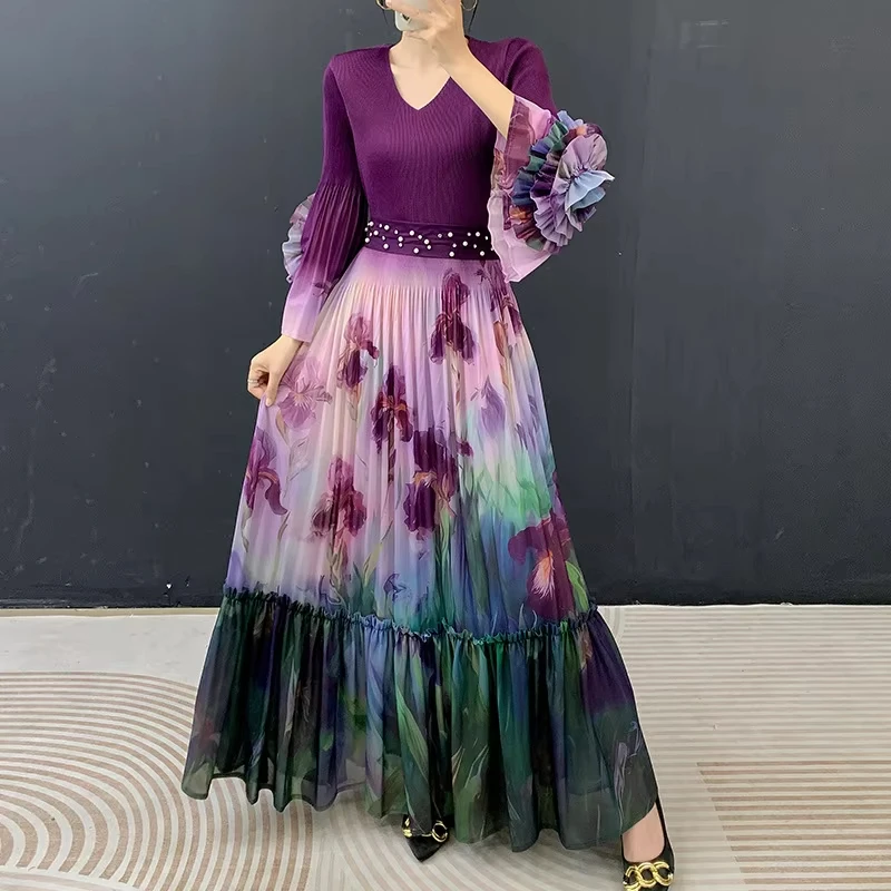 ANLAN Premium Purple Iris Floral Print Pleated Maxi Dress Elegant Ruffle Sleeve V-neck Long Dresses Women Formal Wear 2026 New