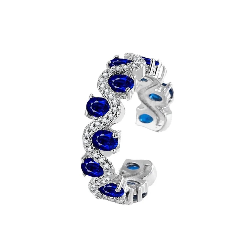 ضوء الموضة الفاخرة الأزرق الإسبنيل الزركون مطعمة مع 925 فضة تصميم موجة نمط حلقة الغلاف الجوي الراقية مجوهرات