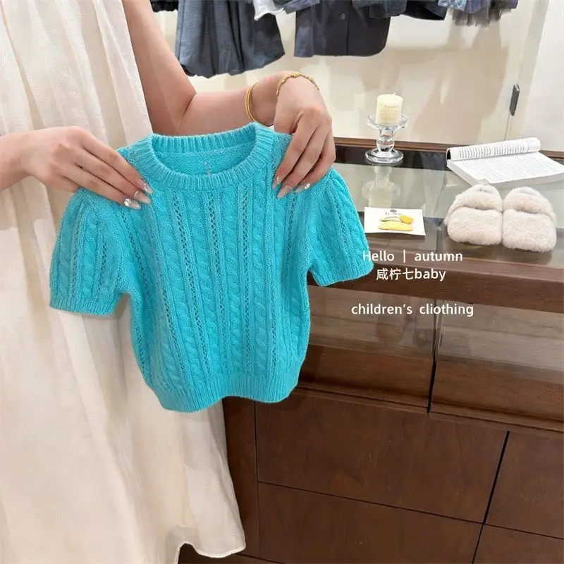 

Girls' Knitted Short-Sleeved T-Shirt Solid Color Hollow Design Spring/Summer New Style Children's Thin Top