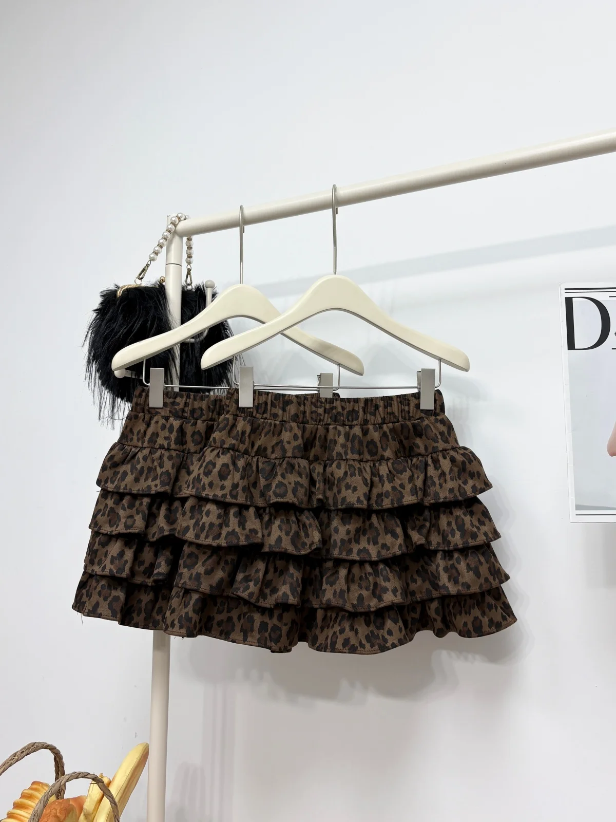 Women's Autumn Winter Cute Leopard Layered Ruffled Puffy Short Skirt Lady Elastic Waist Cake Skirt