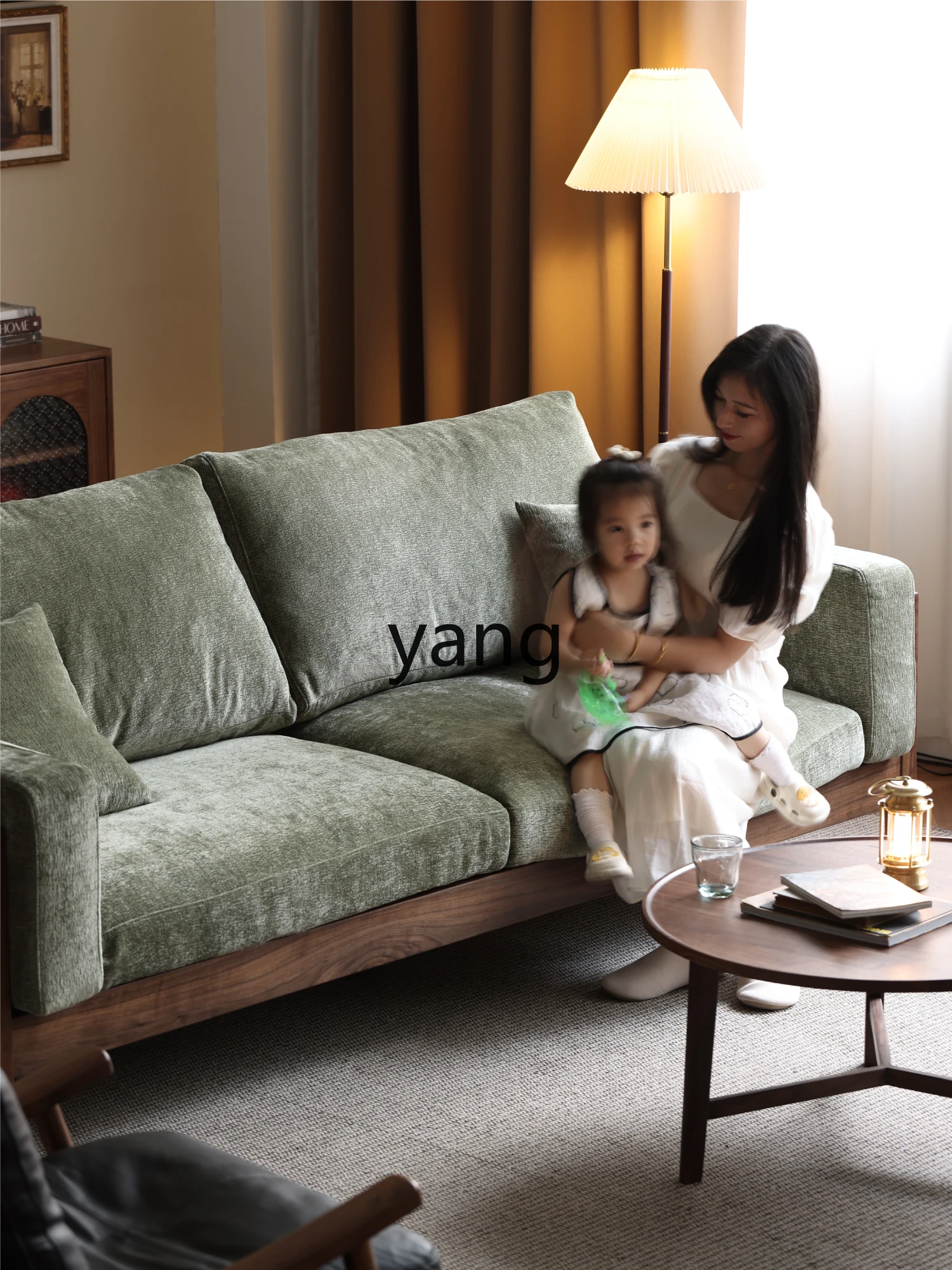 LH Retro Three-Seater Sofa Solid Wood Fabric Small Apartment Nordic Living Room Furniture Winter Summer