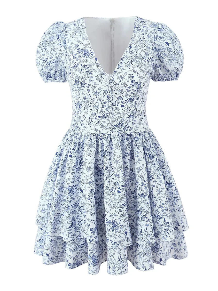 TWOTWINSTYLE Bloemenprint Brunch Jurk voor Vrouwen Diepe V-hals Korte Mouw Knop Voorkant Ruches Taille Verstoorde Mini Jurken Vrouwelijke