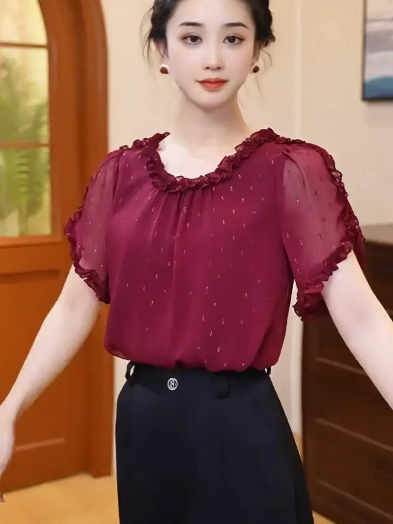 Tops casuais versáteis para o verão novo estilo retrô solto estampa doce jacquard chiffon camisa top para mulheres