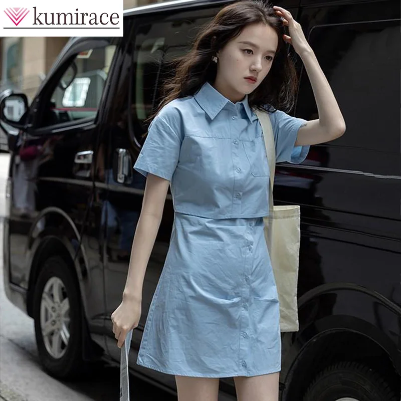 Air blue dress, shirt skirt, women's summer French style, waist up skirt, small stature short skirt kawaii clothes dresses