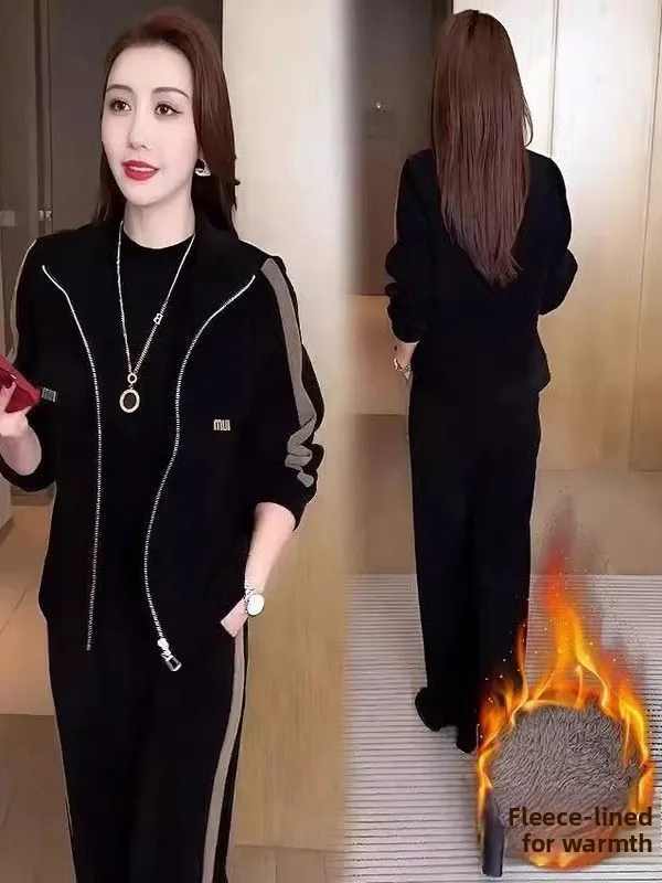 

Thiened Fce повседневный комплект женский осенне-зимний новый модный воротник-стойка джинт широкие брюки комплект из двух предметов корейский сле