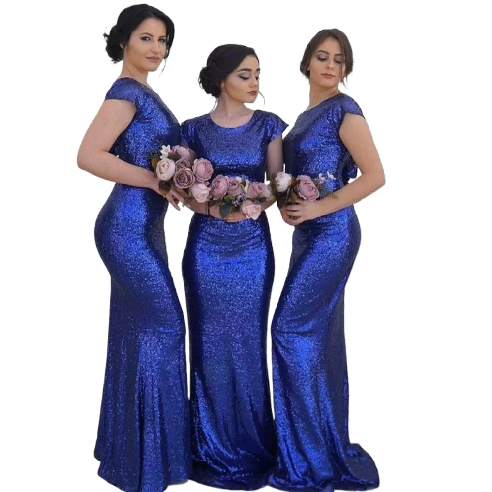 

Royal Blue Glitter Sexy Mermaid Wedding Bridesmaid Dresses Long Back Wrinkles Elegant and Unique Prom Dress Multiple Colors