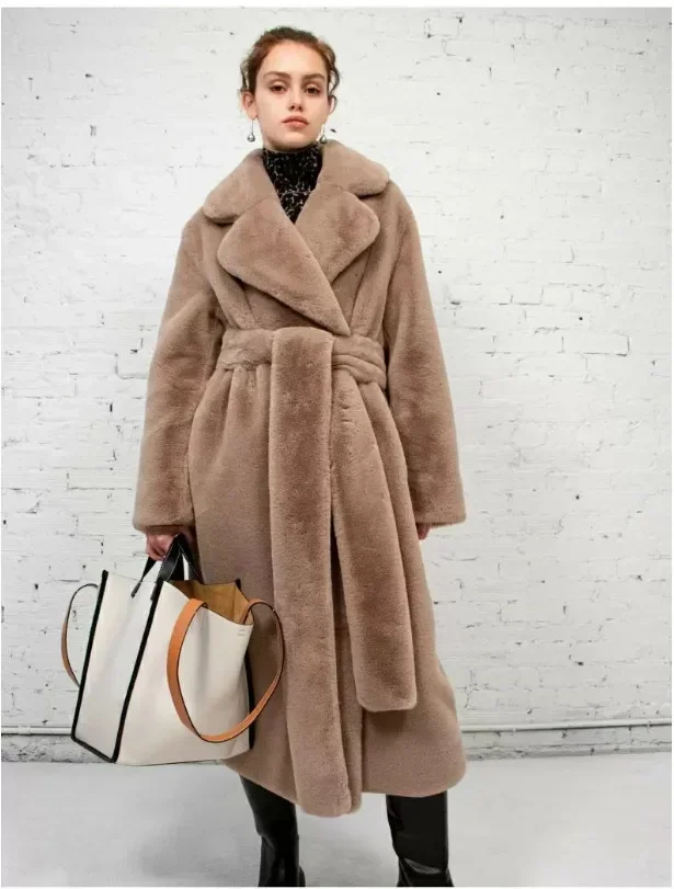 Manteau long en fausse fourrure pour femme avec ceinture, manteau d'optique chaud, vestes en velours, fourrure de lapin, fourrure de vison, vêtements d'extérieur en peluche, hiver, nouveau