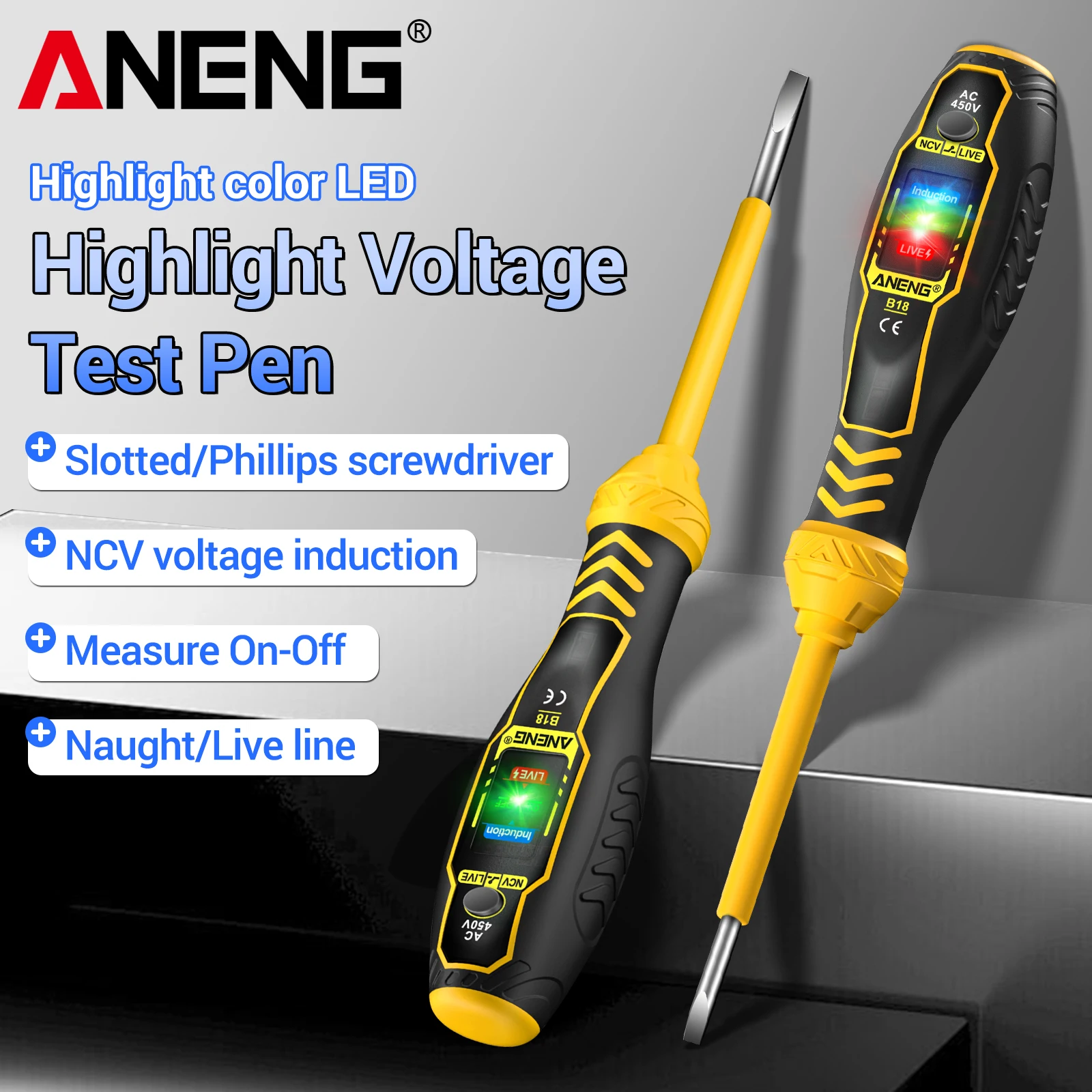 ANENG B18 NCV Voltage Tester Screwdriver 450V Live Neutral Wire Detector 3 Color LED Light Audible Alarm Electrical Repair Test