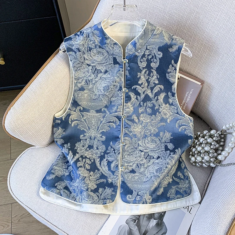 

Новый китайский жилет Ханьфу с тяжелой вышивкой, атласными вставками и воротником-стойкой, улучшенный дизайн, традиционный костюм Цзя Вэй, верхняя часть