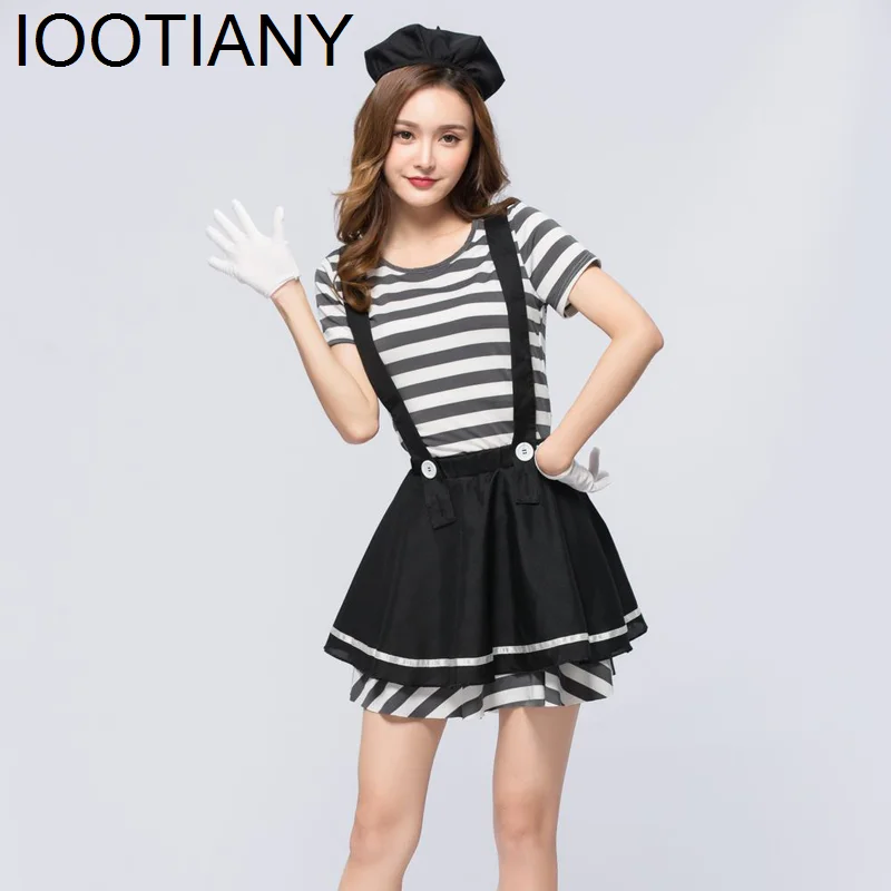 Sexy Funny Circus Clown Costume Adult Women Mesmerizing Mime Cosplay Costume Women For Halloween Party Fancy Dress With stocking