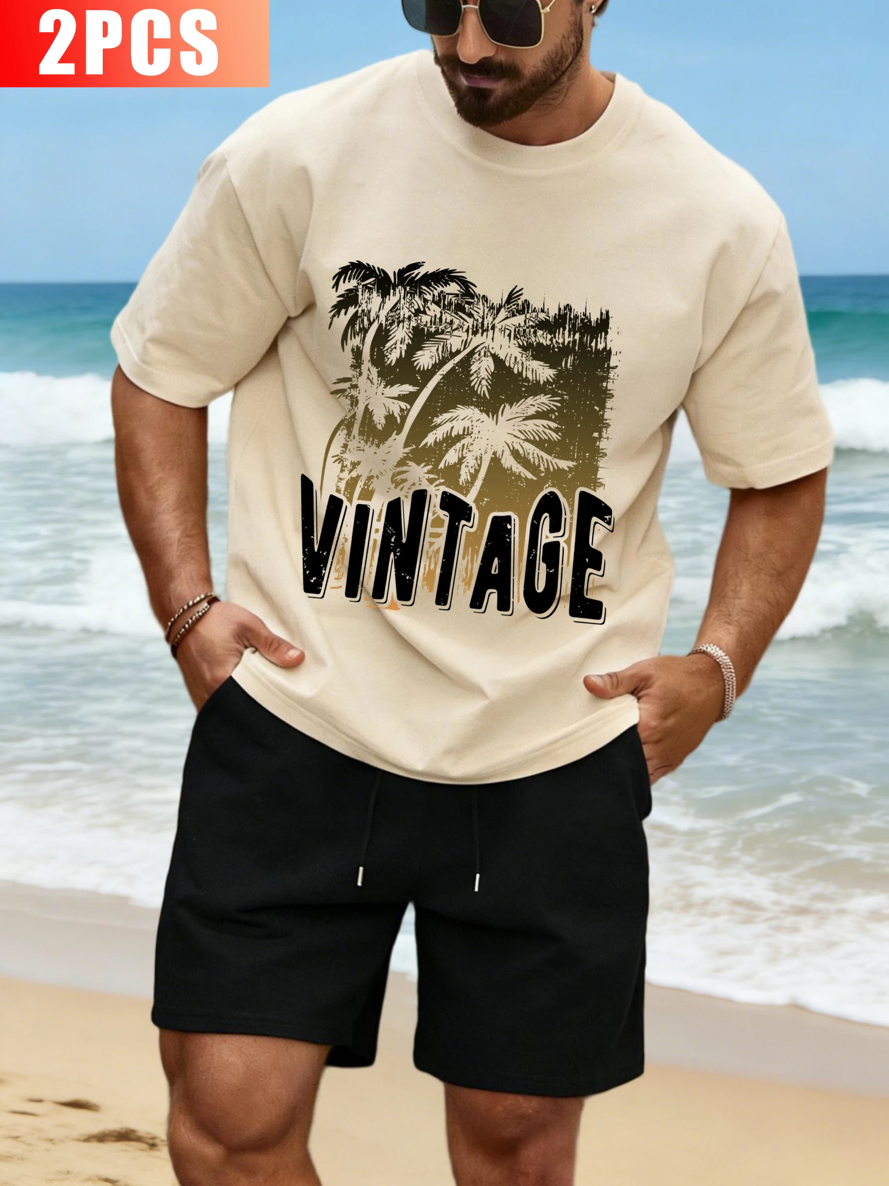 

Vintage Coconut Trees And Blue Sky Men Sportsuit Summer O-Neck Cotton Tee Wide-Leg Shorts Unisex Basics Street Fashion Clothing