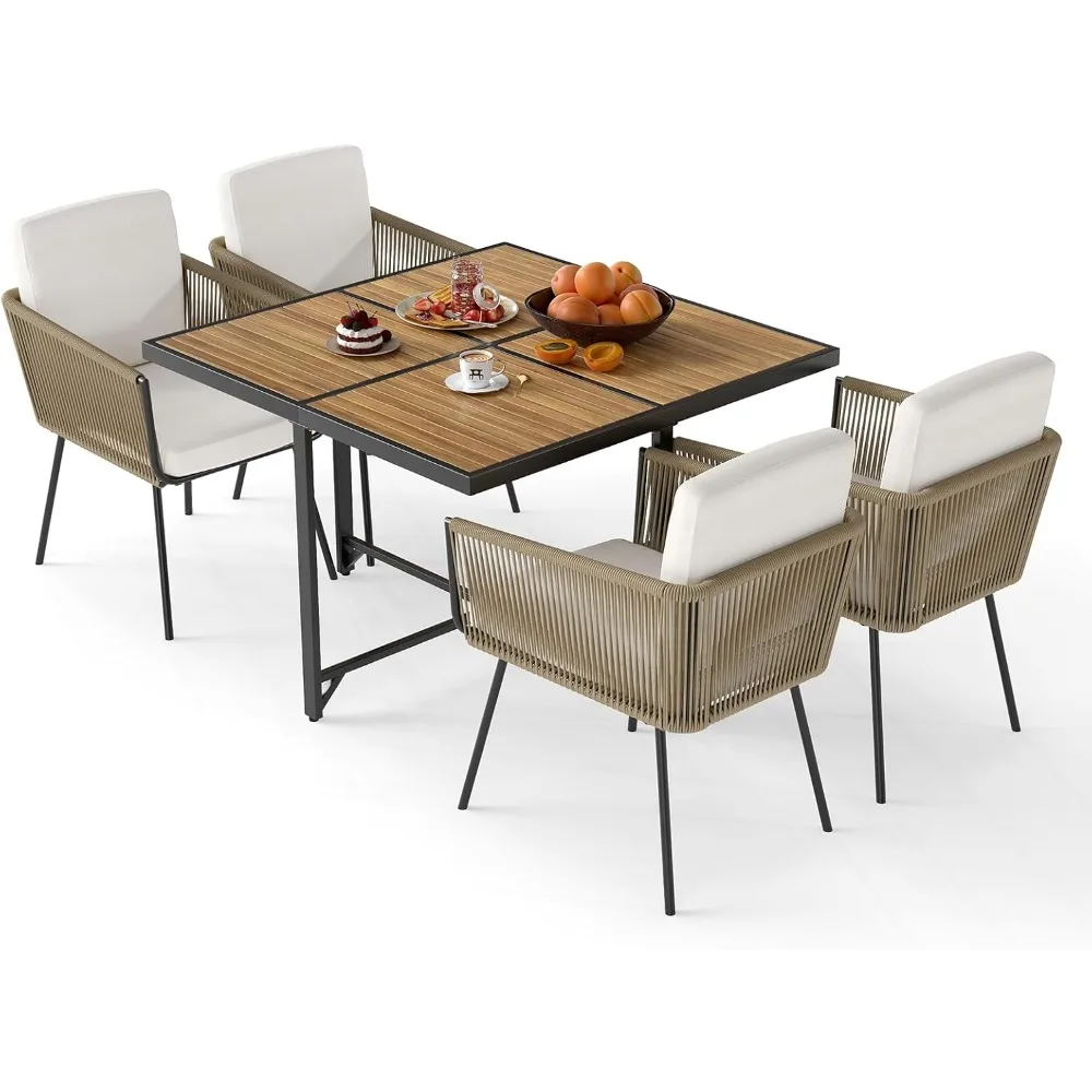 

Outdoor Patio Dining Set with Square Acacia Wood Table and PE Wicker Chairs, Including Cushions
