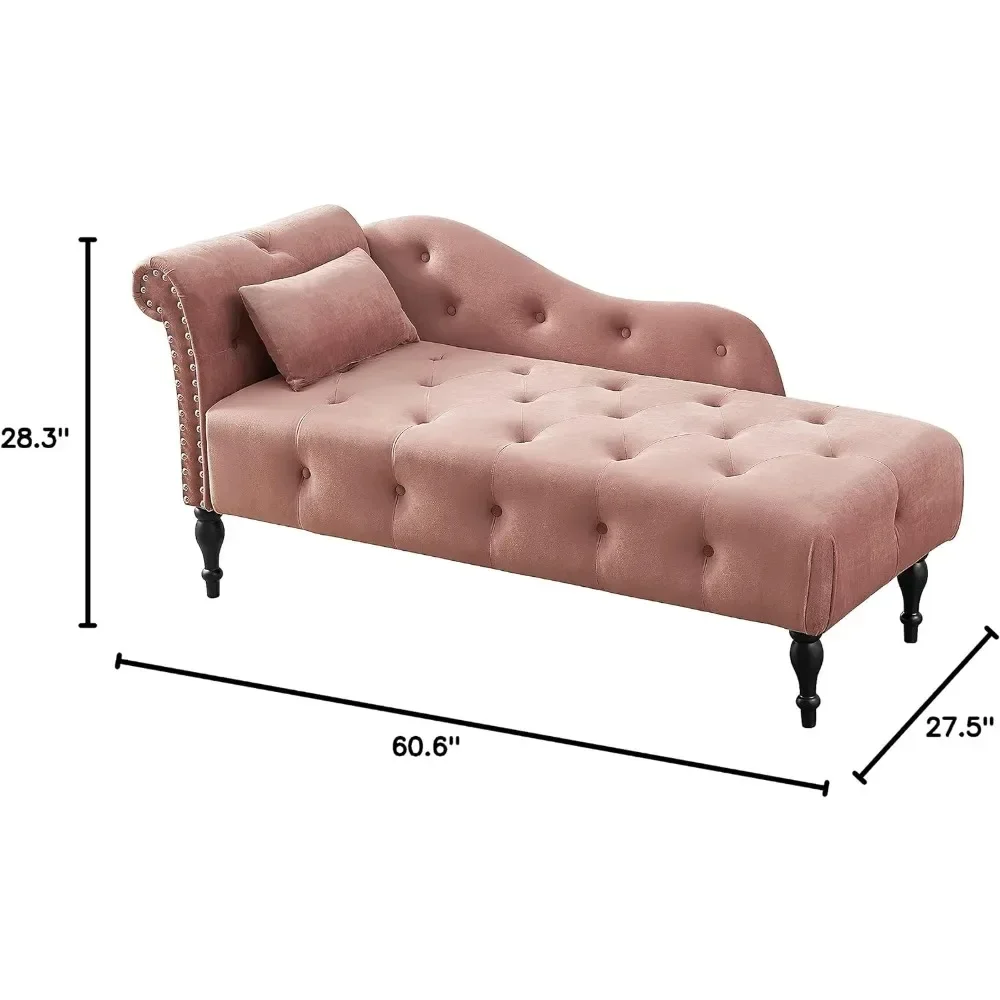 Chaise Lounge, Rose Modern Velvet Indoor, Left Arm Design Lounges Sofa, Reclining Chair Solid Wood Legs with 1 Pillow