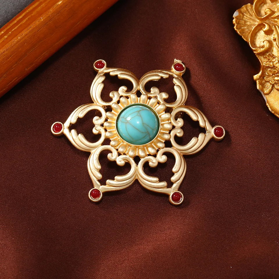 Shmik Classic Women Men Vintage Palace Opal Lotus Brooches Pins Unisex Retro Metal Hollow Plant Clothing Suit Buckle Badges Gift