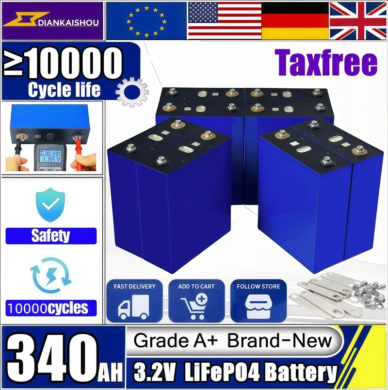 

LiFePO4 3.2V New 340Ah 10000 cyclerechargeable battery, suitable for DIY 12V 24V 48V caravan marine solar energy system no tax