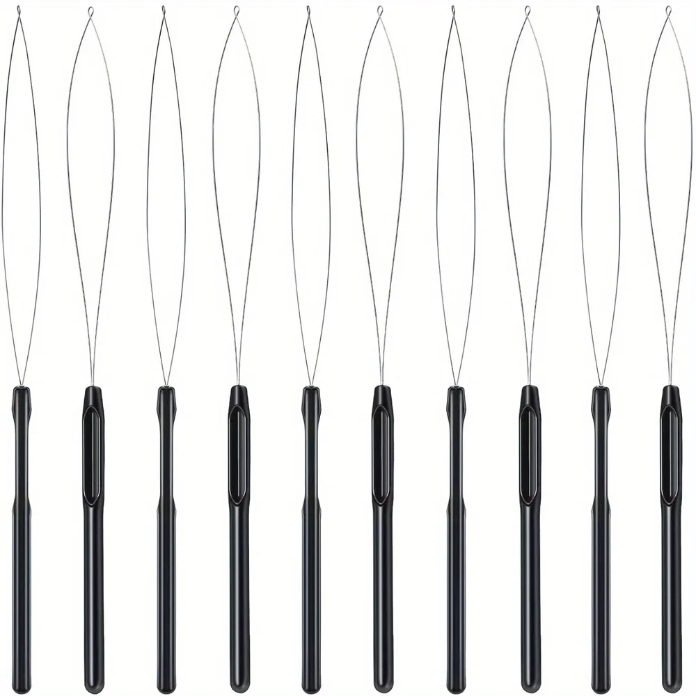 10pcs/pack New Style Hair Extension Loop Needle Threader Pulling Hook Tool and Bead Device Tool Black Loop Threader for Hair