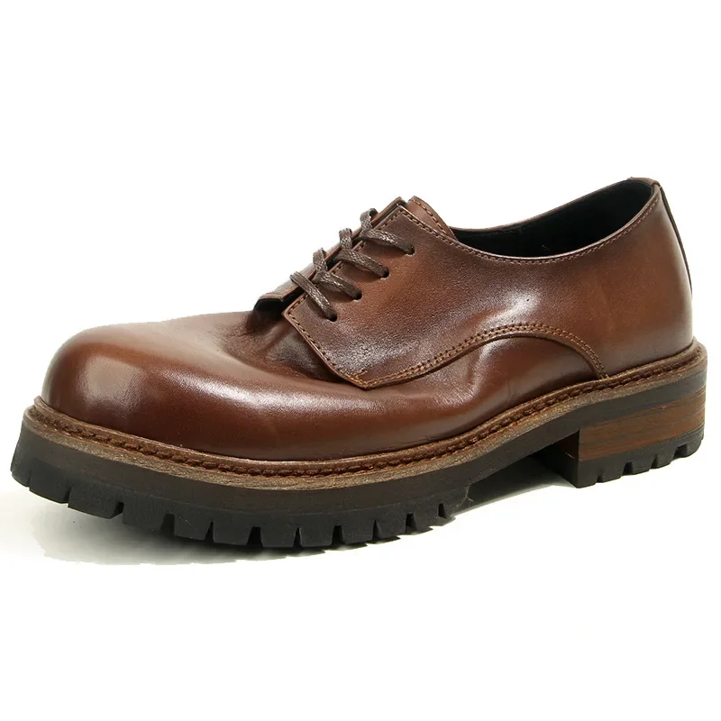 Retro Horse Leather Round Head Derby Leather Shoes Hand-polished and Old Tooling Casual Men's Shoes