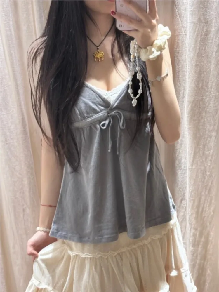 Solid Lace-up Deep V-neck Camisole Women Summer Streetwear Cotton Simple Basic Sleeveless Vests Vintage Chic Sweet Tank Tops