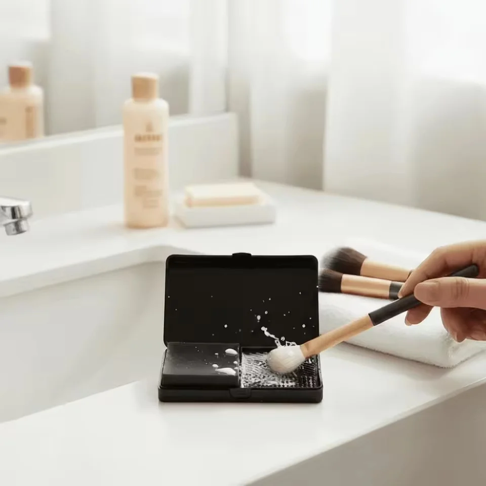 PAZT Mini Makeup Brush Washboard with Soap Square Effective Puff Cleaner Two space Portable Brush Scrubber Board Cosmetic Storag