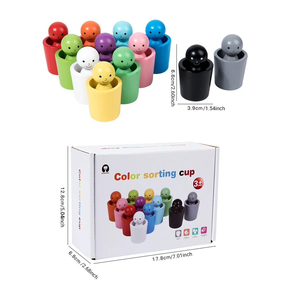Montessori Wooden Color Recognition Toy with 12 Colorful Cups Educational Sorting Training Stacking Game for Kids 3 Years Gifts