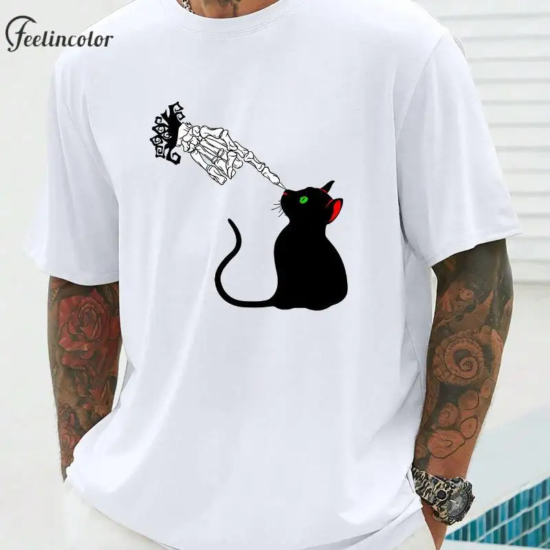 

There Is A Cat Graphic T-Shirt for Men Skull Printed Novelty Tee Tops Summer White Loose T-Shirts 2XL-5X Male Harajuku Clothes