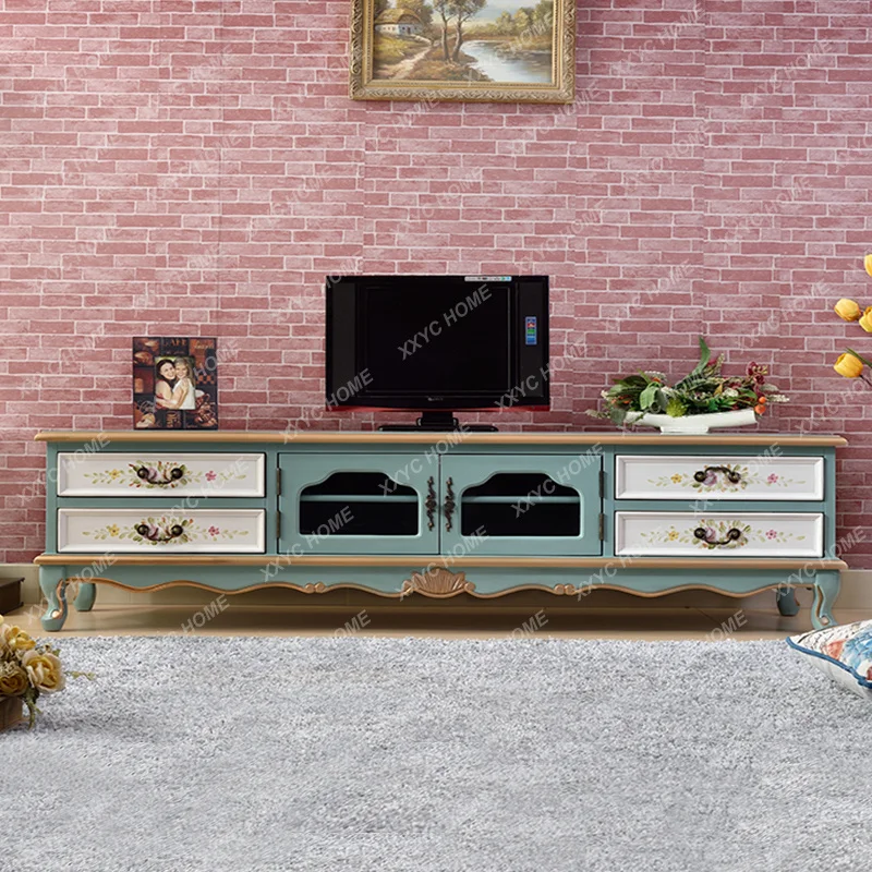 XXFactory Direct  Pastoral TV Cabinet Blue And White Living Room TV Cabinet Solid Wood