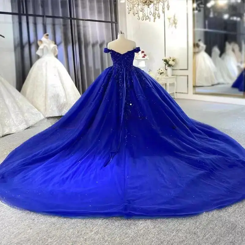 Customized  Royal Blue Shiny Quinceanera Dresses Party Long Sequin Appliques Tulle Lace Birthday Party Dress Robes De Ball