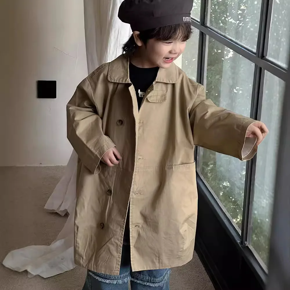 Manteau à col rabattu pour enfants, coupe-vent long, manches longues, marque solide, coréen Premium, automne, nouveau, 2024