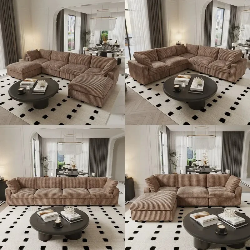 for  American Vintage Modern Brown Modular Segmented 3 Seat Sofa Thick Striped Plush Corduroy Fabric Living Room Sofa