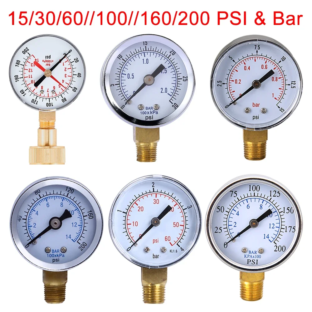Miernik ciśnienia twarzowego 15/30/60 // 100 // 160/200 PSI & Bar dla powietrza wodę paliwo cieczy. Opona samochodowa miernik ciśnienia w oponach