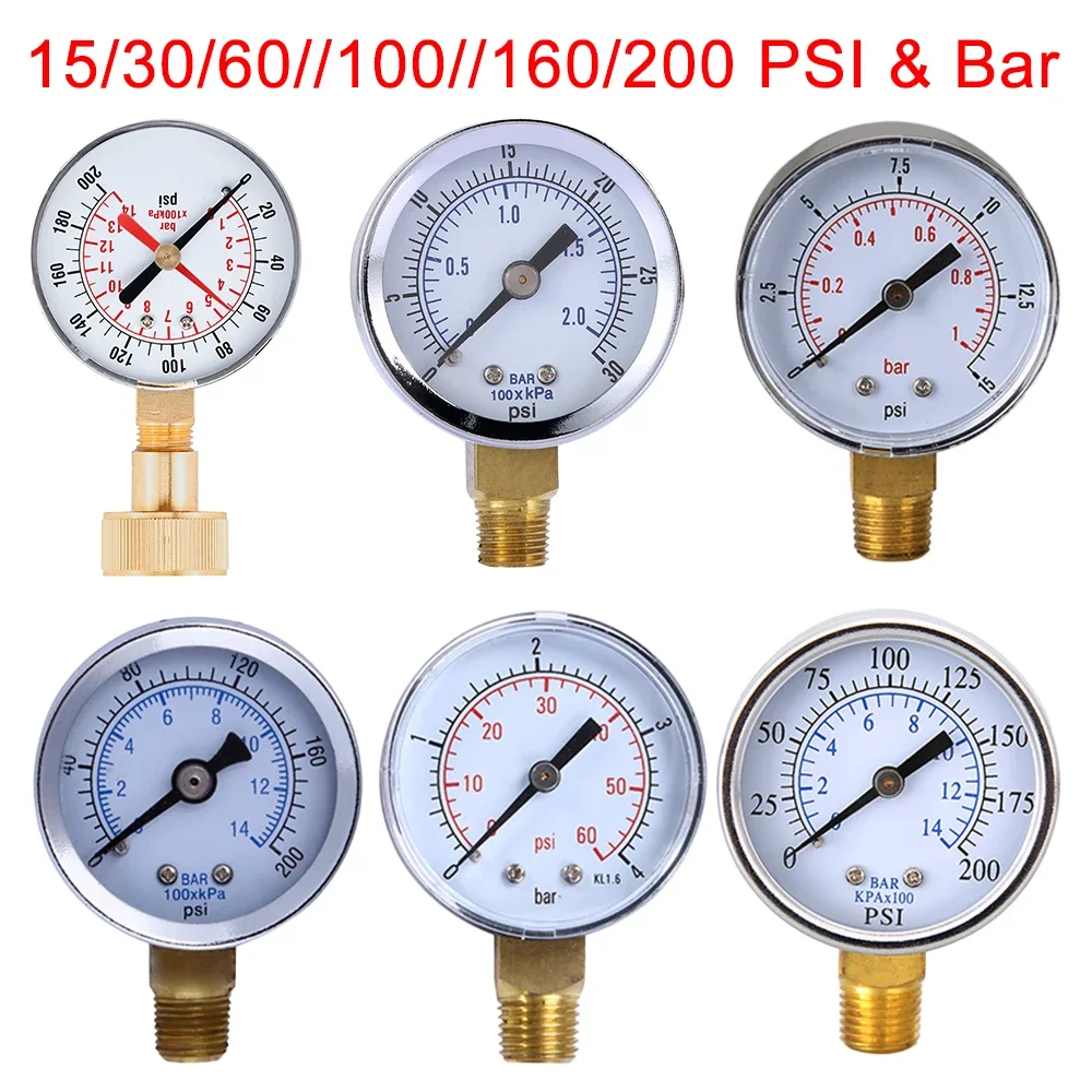 Face Pressure Gauge 15/30/60//100//160/200 PSI & Bar for Air Gas Water Fuel Liquid.Car Tyre Air Pressure Tester Tire Gauge