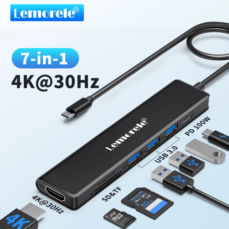 Lemorele TC90 7-in-1USB HUB Type C 3.0 Docking Station Adapter HDMI HD 4K 30Hz PD 100W SD/TF Reader Card Slot For Windows MacOS