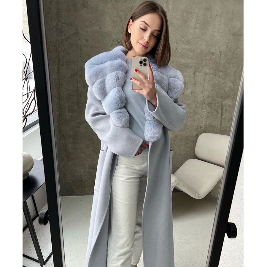 Real Chinchilla Rex Rabbit Fur Coat Luxury Clothes Women White Fur Coat Wool Coat With Rabbit Fur Collar Warm 2022