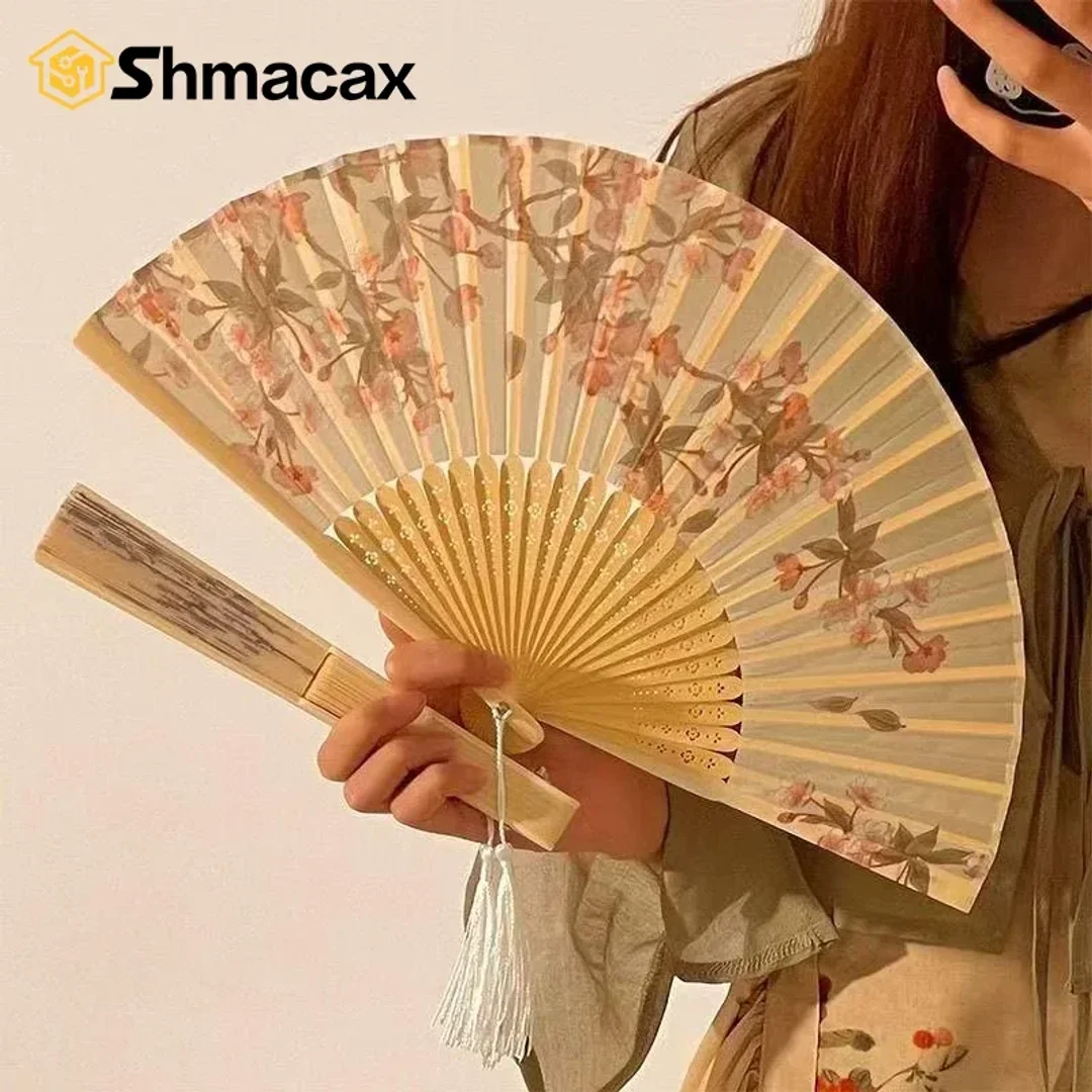 Portable Hand Fold Fan New Chinese Style Dance Props Retro Shell Fan Woman Men Bamboo Wood Silk Flower Folding Fan