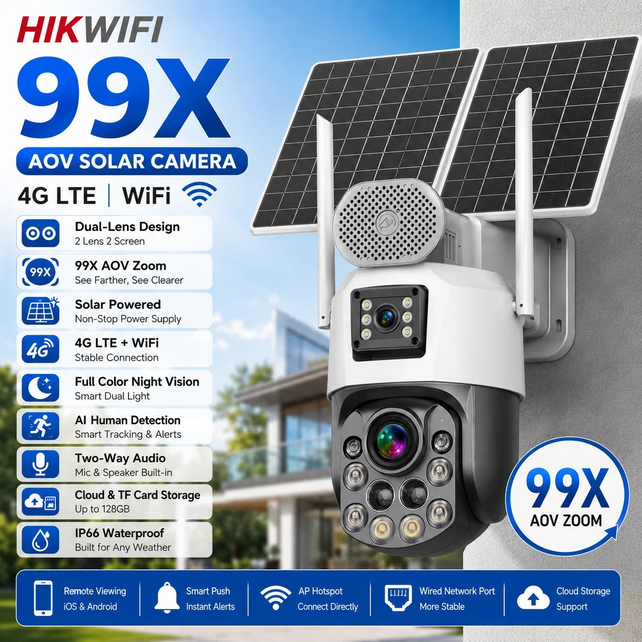 HIKWIFI 8MP 4G/WiFi Optical Zoom Solar Camera Dual Lens 4K 99X Zoom CMOS Built-in Mic PIR Tracking Night Vision Color Security