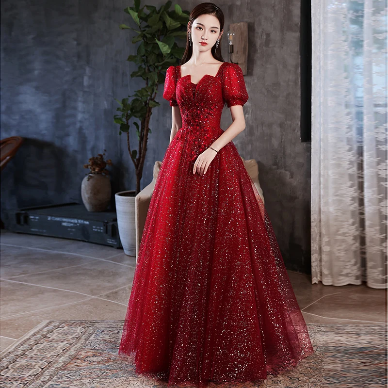 

Light Luxury Women Sequined Formal Dress Vintage Square Collar Banquet Long Dresses 2022 Female Ball Gown