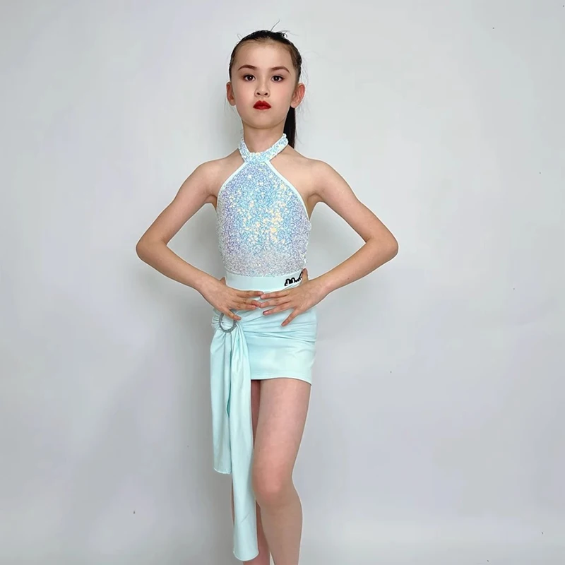 ملابس رقص اللاتينية فتاة قاعة الرقص فستان رقص زي بلا أكمام الترتر القمم مجموعة الاطفال الحديثة كرنفال اللاتينية Dancewear XH2640
