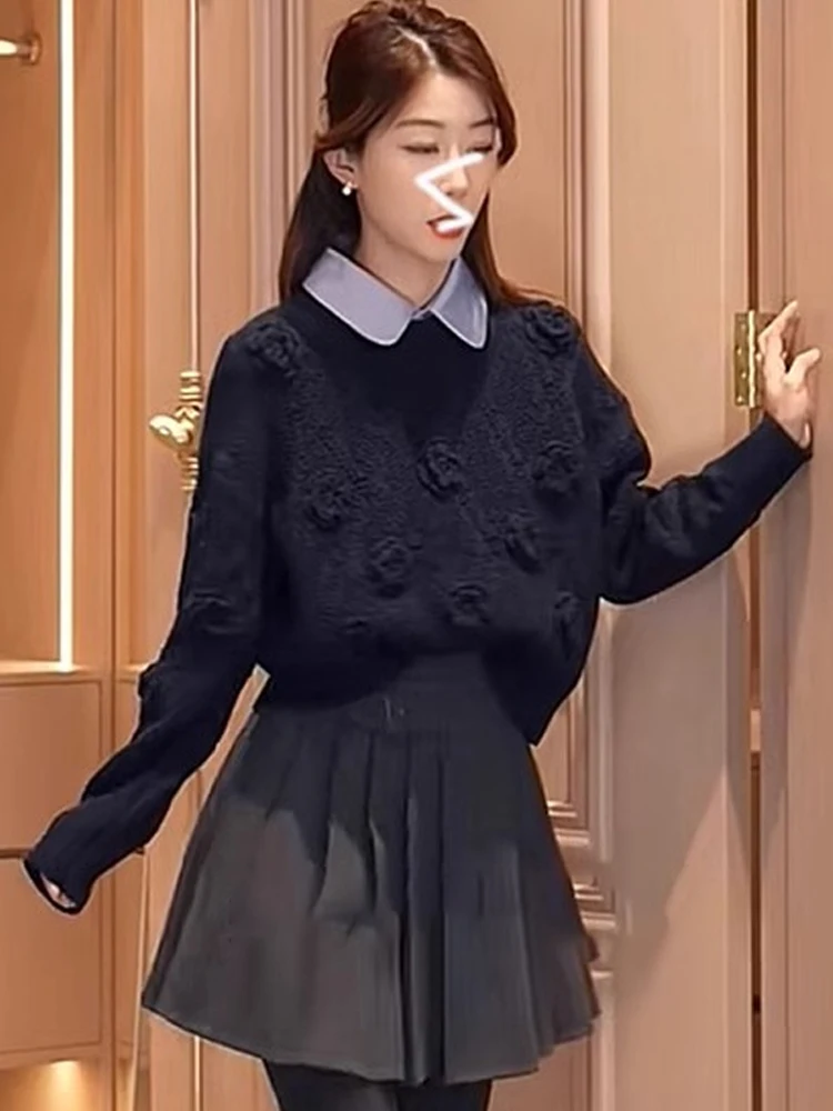 

Faionable Ne Long Sve вязаный свитер из смеси шерсти с 3D цветочным дизайном, универсальный весенний женский трикотаж для поездок на работу