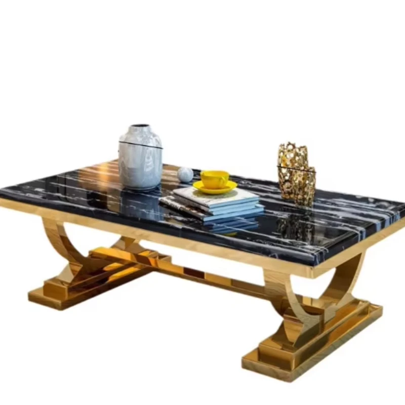 

Living room black square coffee table with gold stainless steel frame marble top sofa table