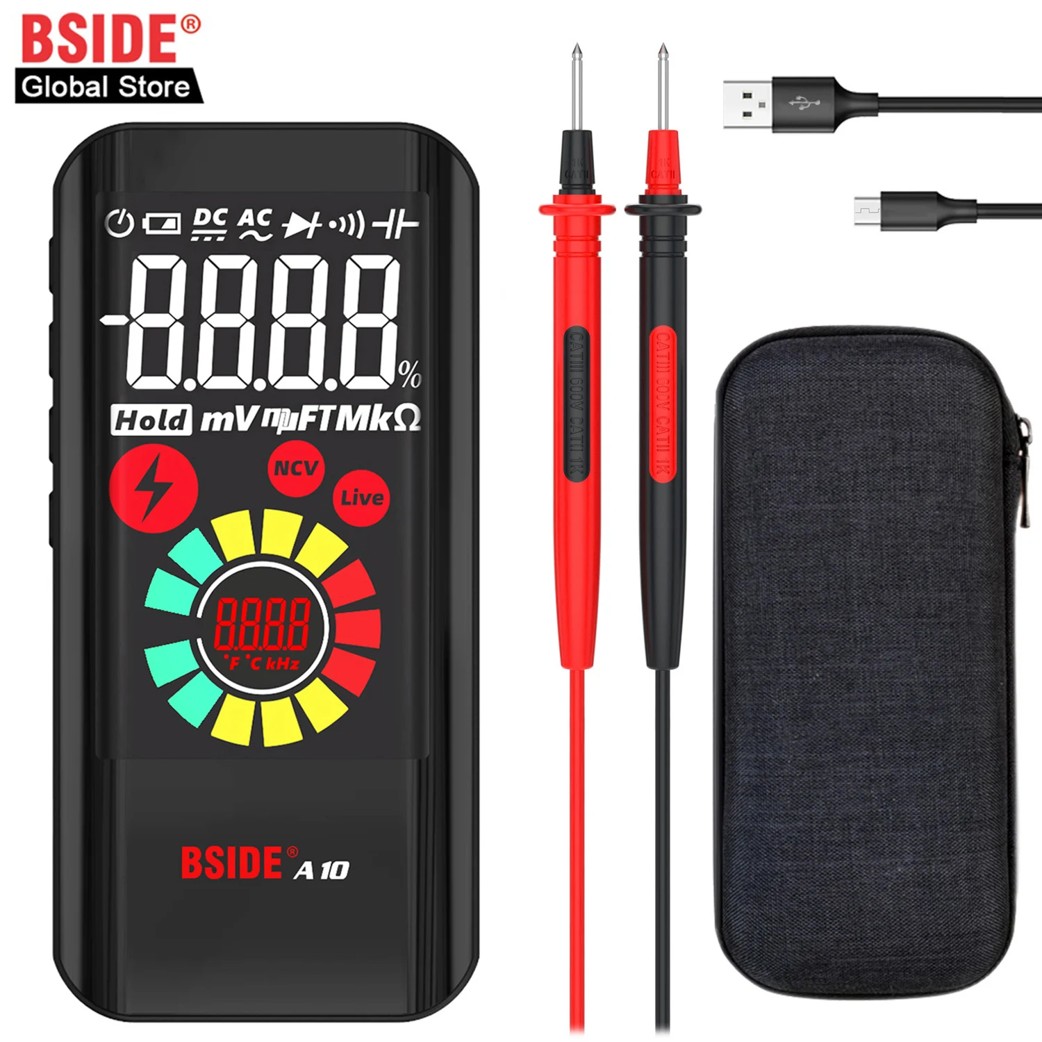 BSIDE A10 Color LCD Digital Multimeter Portable Smart Voltmeter Professional Capacitor Diode Ohm Hertz Duty Cycle Voltage Tester